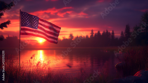 American Flag Waving at Sunset by Lake with Forest Background