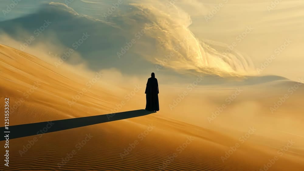 Silhouette of a man in a black cloak on sand dunes Silhouette of a man in a black cloak on sand dunes