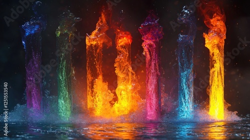 Vibrant Rainbow Water Columns, Erupting with Color and Energy