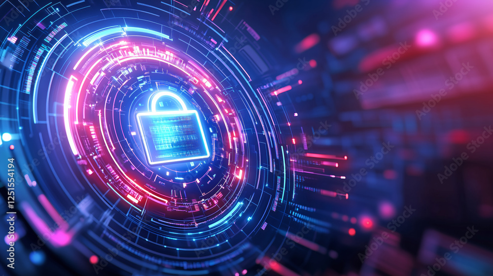A digital lock symbol dominates the center of the composition, surrounded by colorful lights and intricate circuit designs, suggesting a high-tech security theme A digital lock symbol dominates the center of the composition, surrounded by colorful lights and intricate circuit designs, suggesting a high-tech security theme