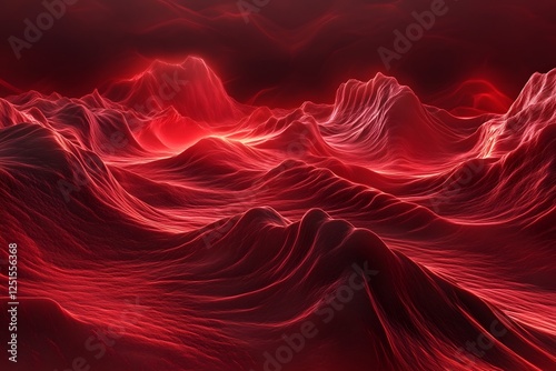 Futuristic Red Digital Landscape with Glowing Waves