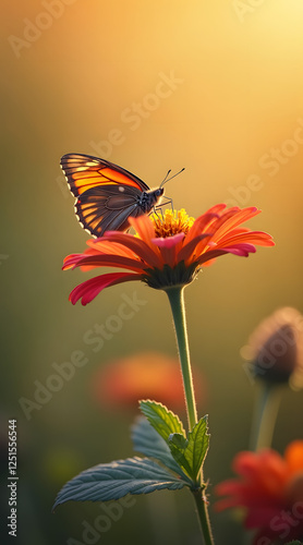 Wallpaper Mural A vibrant orange butterfly resting on a bright orange flower during sunset, showcasing nature's beauty and tranquility Torontodigital.ca