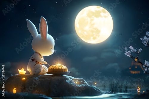 Cute White Bunny Celebrating the Moon Festival