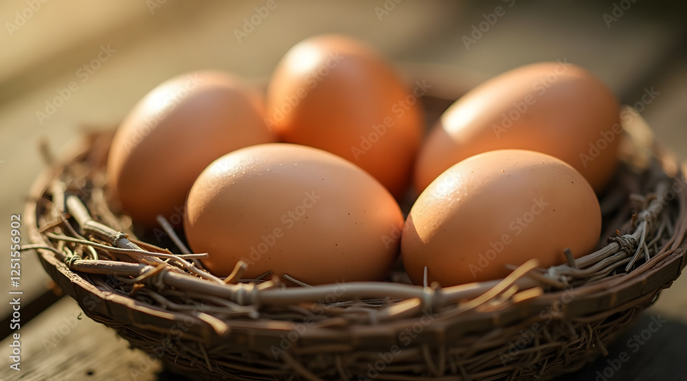 A rustic basket filled with five brown eggs sits on a wooden surface, illuminated by soft sunlight, creating a warm and inviting atmosphere A rustic basket filled with five brown eggs sits on a wooden surface, illuminated by soft sunlight, creating a warm and inviting atmosphere