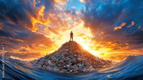 A person stands on top of a large heap of waste at a beach, surrounded by water, as vibrant clouds and a sunset fill the sky, highlighting the environmental issue of pollution photo