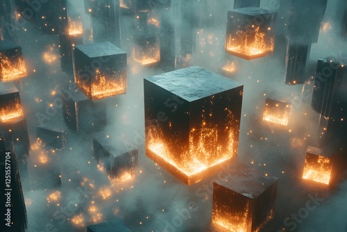 Abstract Fiery Cubes Floating in Foggy Atmosphere