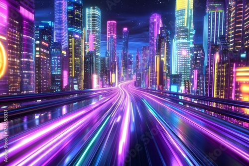 Futuristic Neon Cyberpunk City with Light Trails