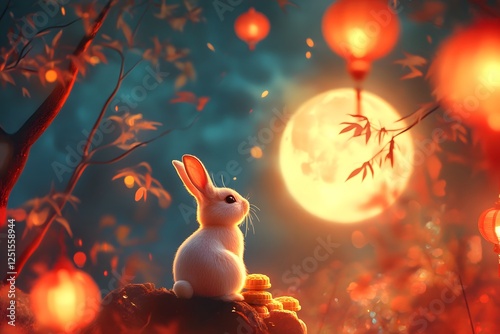 Moonlit Bunny with Lanterns and Mooncakes