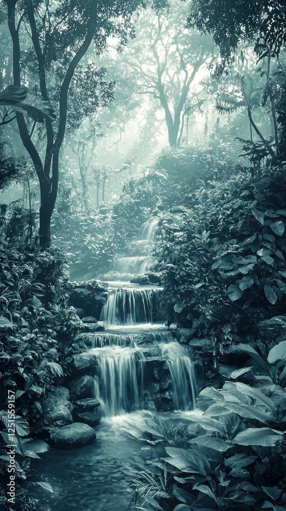 Naklejka premium Misty forest waterfall cascading through nature. Possible stock photo use