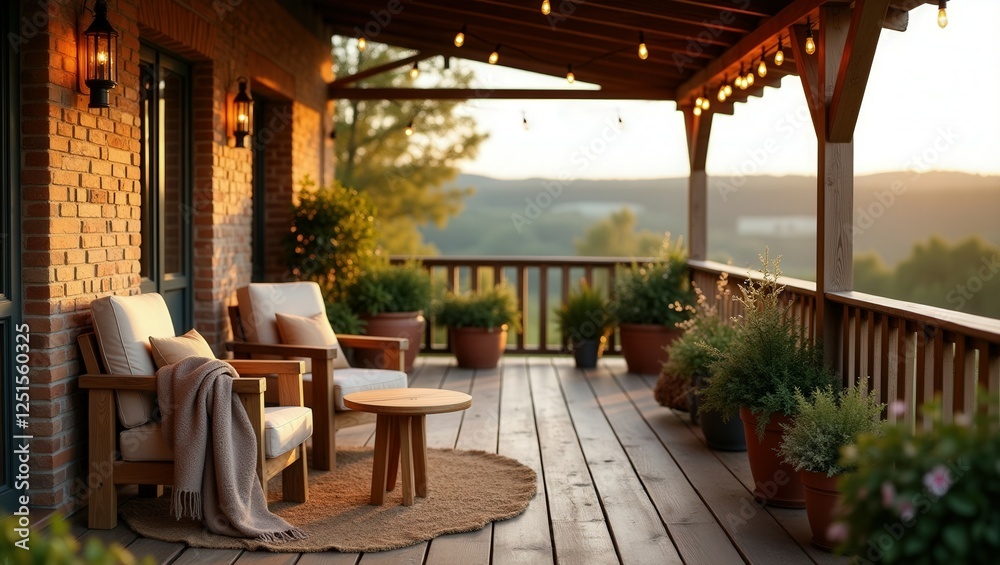 Fototapeta premium A rustic porch at sunset features wooden furniture with cushions, round table, potted plants, hanging lanterns, and string lights. Warm lighting and scenic view create a serene and inviting atmosphere