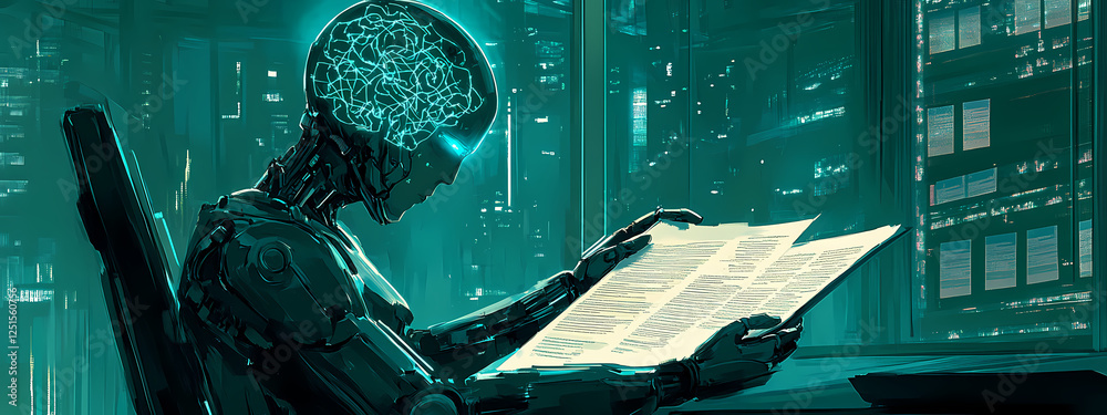 Naklejka premium Futuristic Robot Learning from Printed Text
