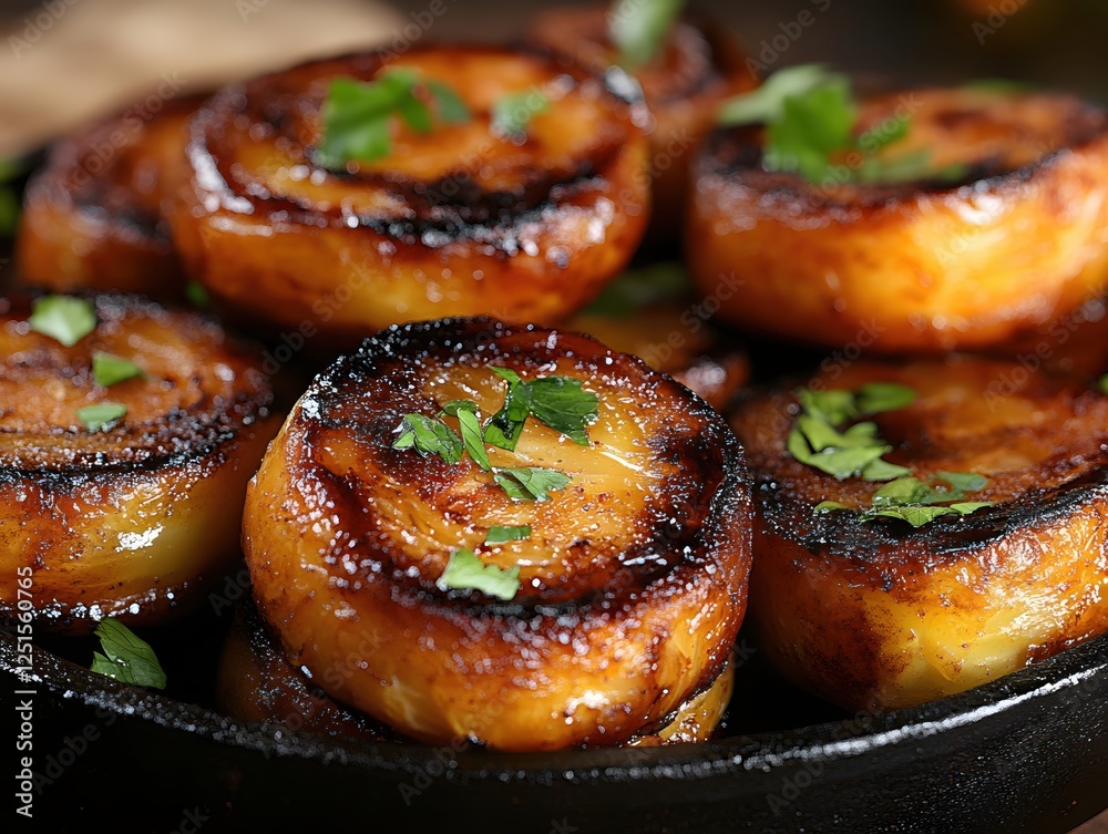 Delicious caramelized onion rings with fresh parsley garnish served in a cast iron skillet Delicious caramelized onion rings with fresh parsley garnish served in a cast iron skillet