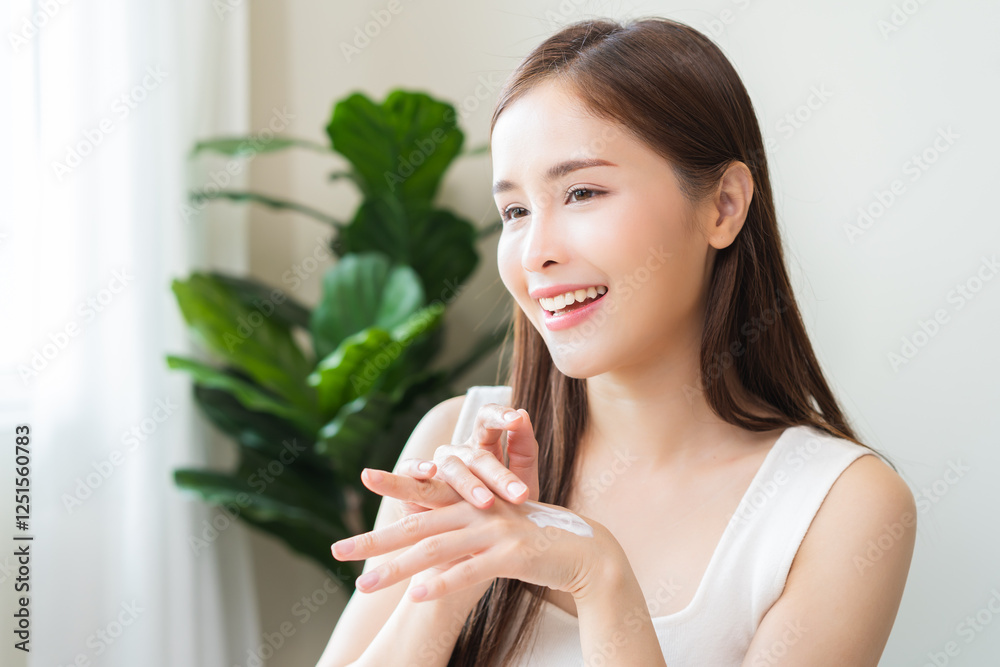 Healthy skin care, beauty asian young woman hand applying moisturizer, putting cream treatment on back hand after shower bath at home, makeup routine in the morning, treatment skin care body concept. Healthy skin care, beauty asian young woman hand applying moisturizer, putting cream treatment on back hand after shower bath at home, makeup routine in the morning, treatment skin care body concept.