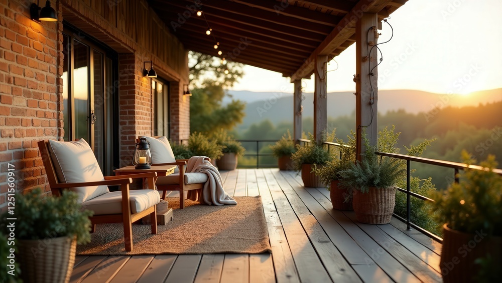 Fototapeta premium A rustic porch at sunset features wooden furniture with cushions, round table, potted plants, hanging lanterns, and string lights. Warm lighting and scenic view create a serene and inviting atmosphere