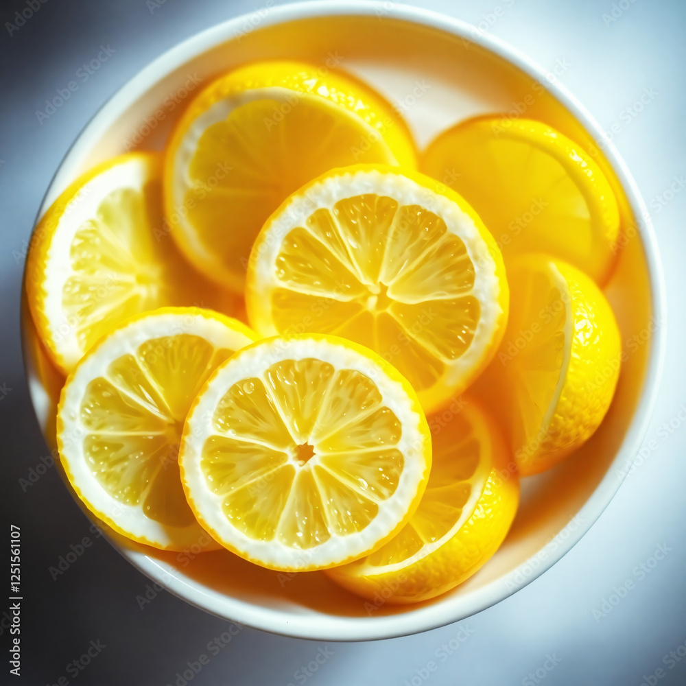 Bowl of fresh lemon slices with a bright yellow color and juicy texture Bowl of fresh lemon slices with a bright yellow color and juicy texture