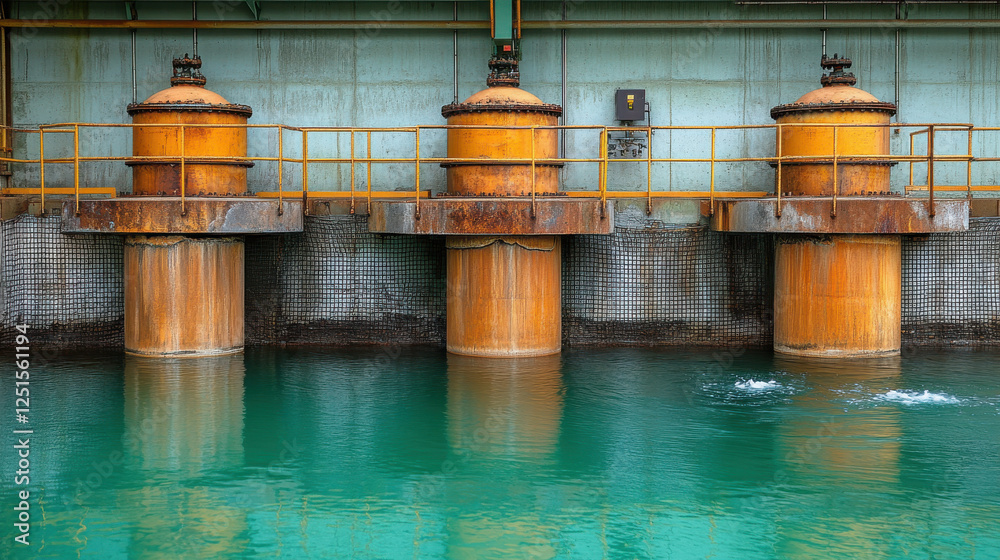 Industrial water pumps with metal structures and green water reflections Industrial water pumps with metal structures and green water reflections