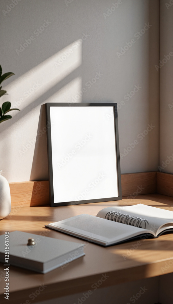 Digital Frame Mockup With Screen on wooden desk near notebook Digital Frame Mockup With Screen on wooden desk near notebook