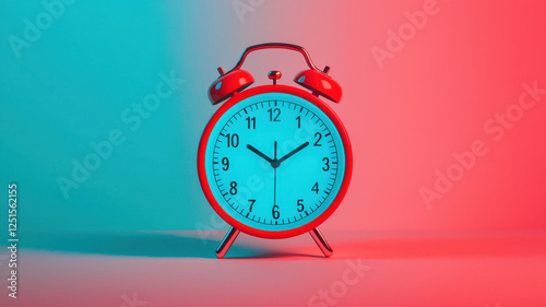 red alarm clock is illuminated by blue and red lighting photo