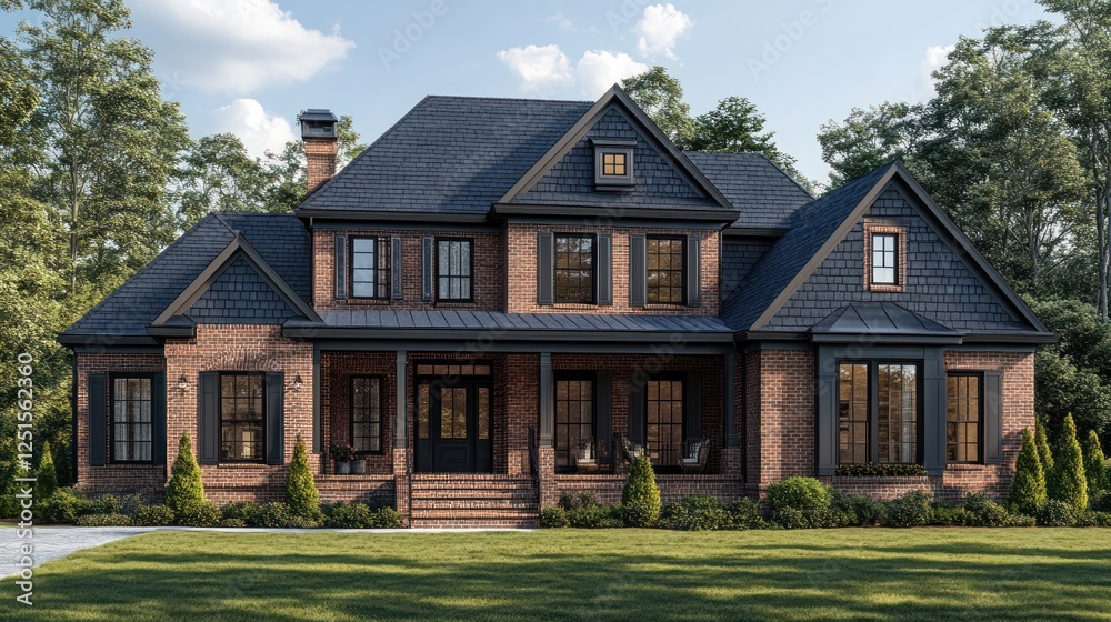 Suburban Brick Home, Wooded Lot, Sunlight, Architectural Rendering Suburban Brick Home, Wooded Lot, Sunlight, Architectural Rendering