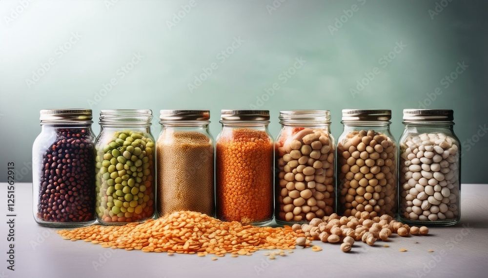 various pulses like lentils, beans, peas, chickpeas and soybeans scattered from a glass jars various pulses like lentils, beans, peas, chickpeas and soybeans scattered from a glass jars