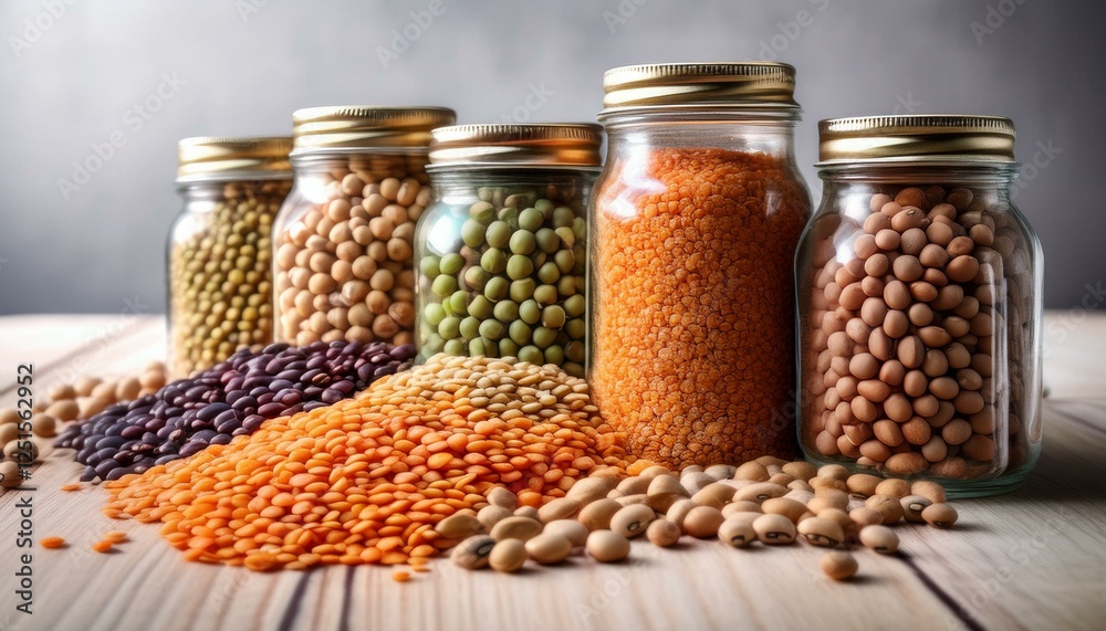 various pulses like lentils, beans, peas, chickpeas and soybeans scattered from a glass jars various pulses like lentils, beans, peas, chickpeas and soybeans scattered from a glass jars