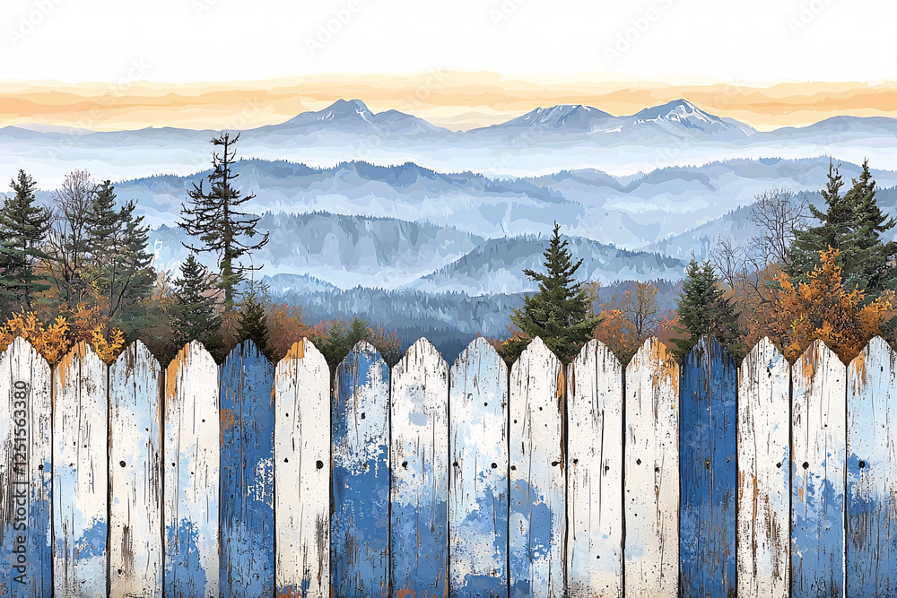 Obraz premium Faded blue and white fence overlooking a misty mountain range and autumn trees.