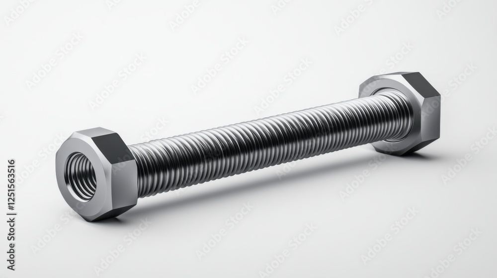 Close-up of a Chrome Bolt with Threaded Shaft and Hexagonal Heads on a Light Background