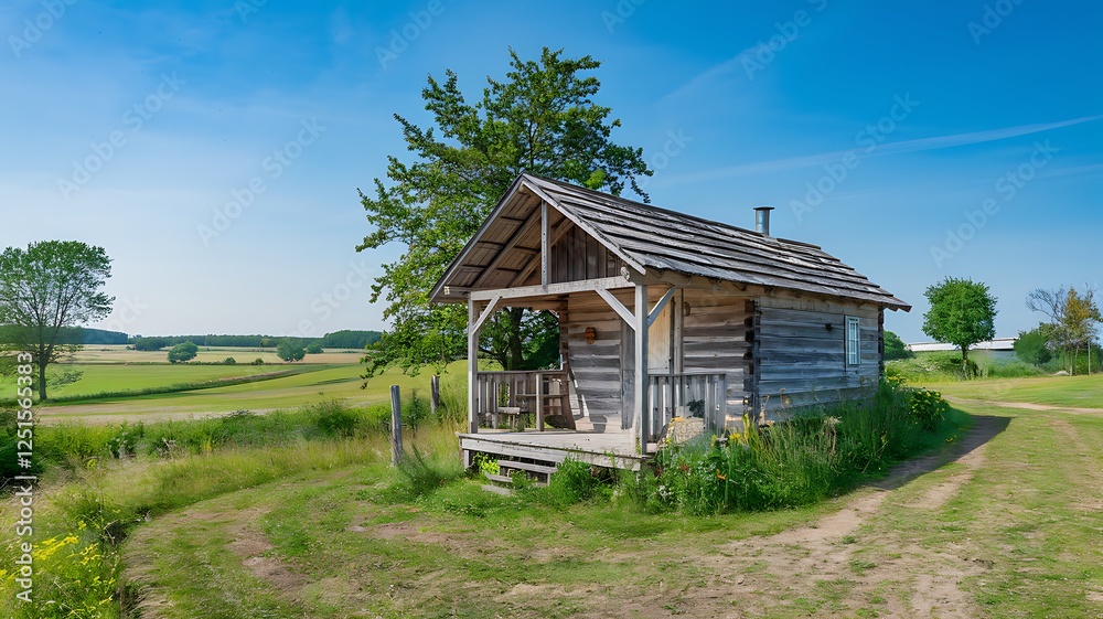A charming rustic wooden cabin sits on a grassy field, overlooking a picturesque countryside landscape under a clear blue sky. The scene evokes peace and tranquility. A charming rustic wooden cabin sits on a grassy field, overlooking a picturesque countryside landscape under a clear blue sky. The scene evokes peace and tranquility.
