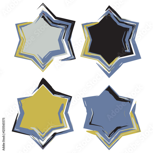 Dynamic six-pointed star frames with expressive brushstroke design. Vibrant color palette including gray, black, yellow, and blue for a modern aesthetic. Abstract style ideal for creative contemporary