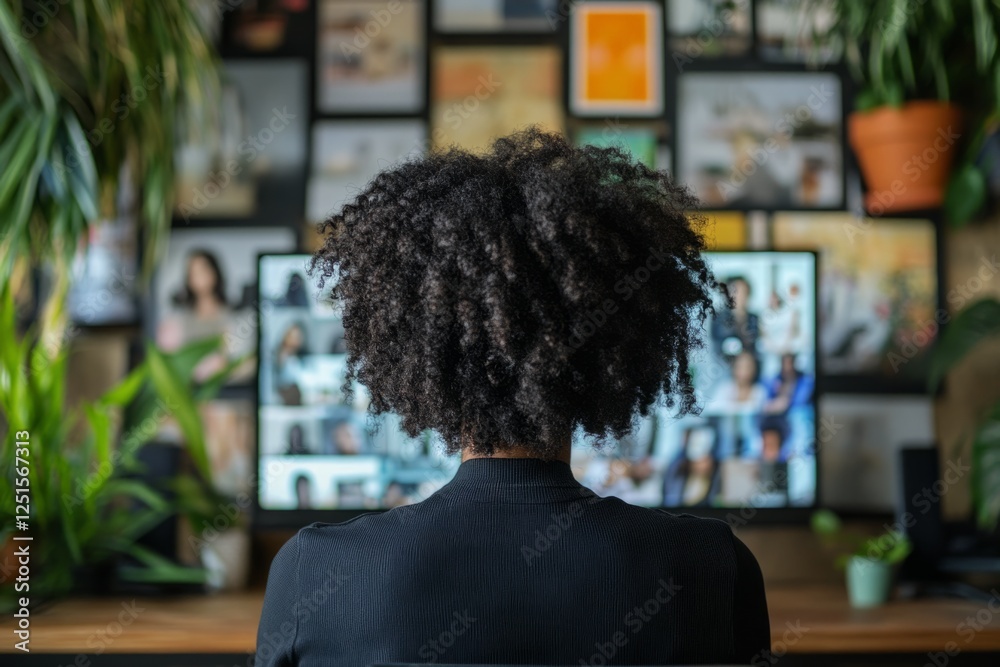 Editor with afro hairstyle working on computer, reviewing photos and videos in modern office with plants Editor with afro hairstyle working on computer, reviewing photos and videos in modern office with plants