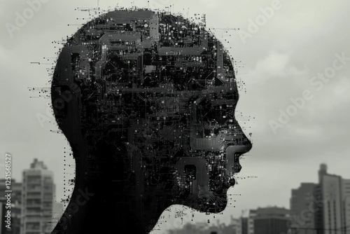 Human head silhouette composed by electronic circuits is processing information in smart city environment