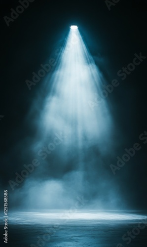 Ethereal illumination beam on enigmatic stage shrouded with vaporous fog spreading on surface photo