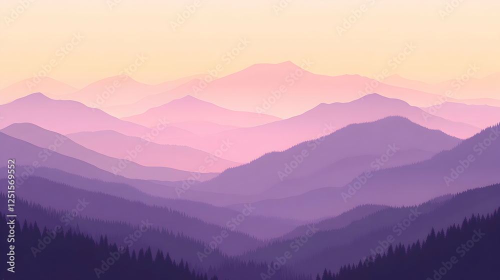Fototapeta premium Layered Mountain Landscape at Sunset with Peaceful Purple Hues and Forest