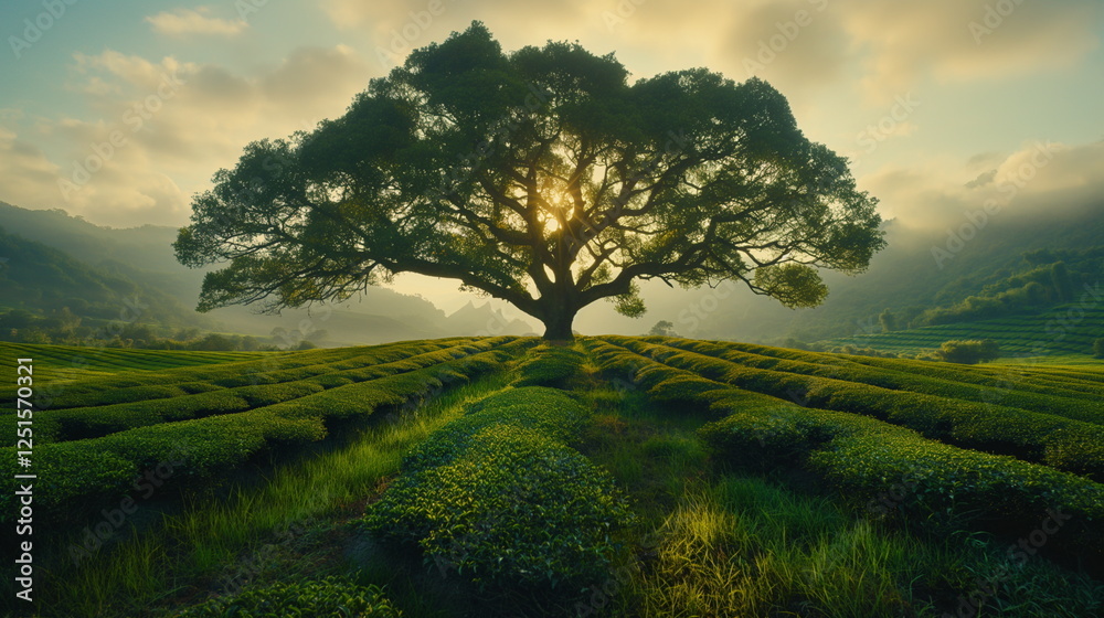 Fototapeta premium A giant tea plantation with a huge sacred tree in _001