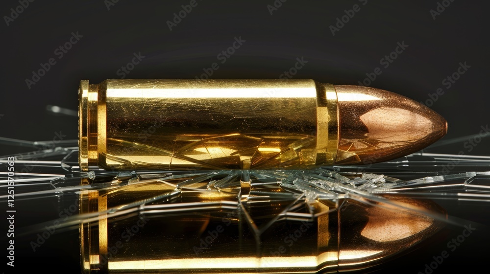 Obraz premium A golden bullet on a shattered surface conveys a sense of danger and heightened tension.