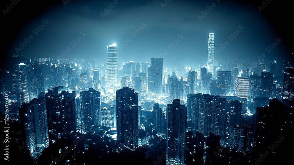 Fototapeta premium Cityscape At Night With Towering Buildings Illuminated Against Dark Sky With Foggy Backdrop.