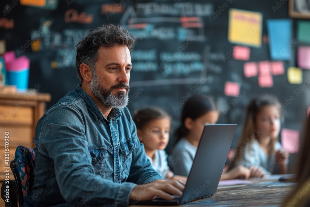 Bearded professor concentrating on his laptop with students learning in the background in a modern classroom Bearded professor concentrating on his laptop with students learning in the background in a modern classroom