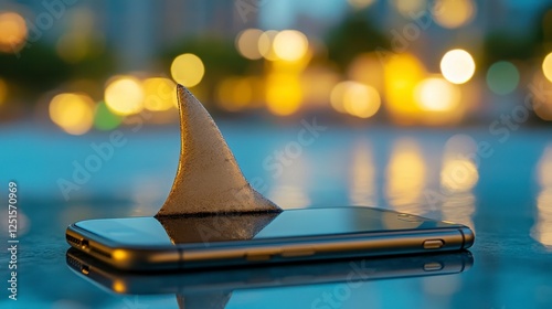 Metallic Shark Fin Emerging From Smartphone Screen at Night