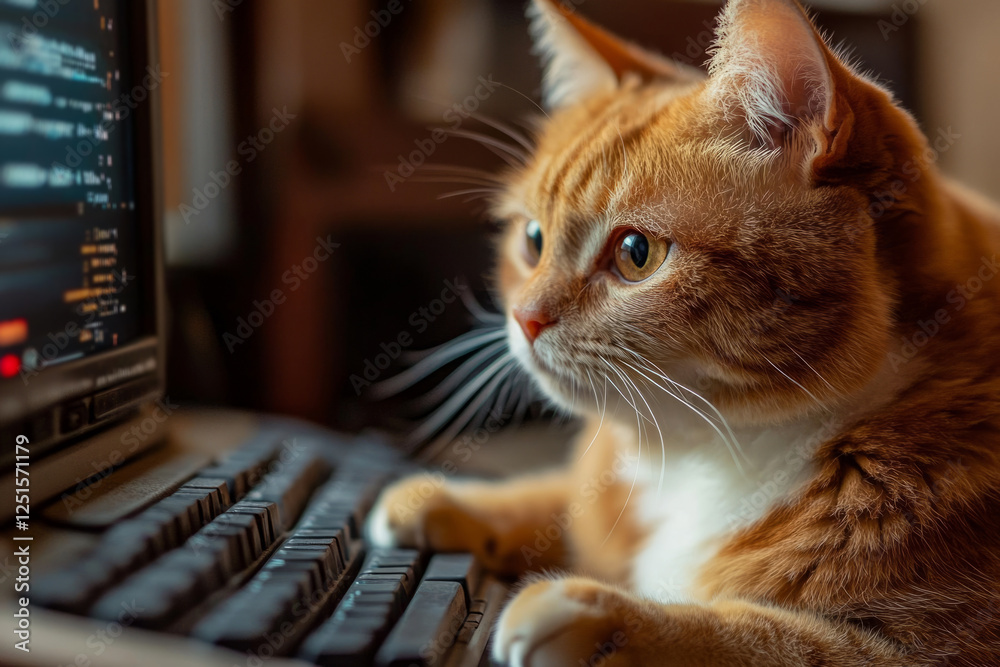 Red cat using computer keyboard and looking at monitor, learning to program Red cat using computer keyboard and looking at monitor, learning to program
