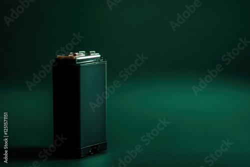 Nine volt battery standing on a deep green surface photo