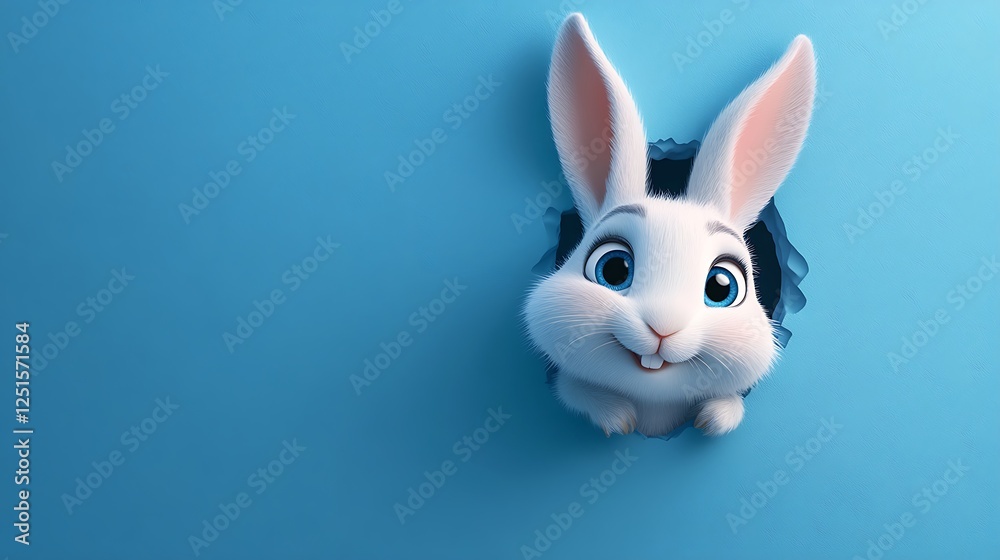 Fototapeta premium Charming digital bunny peering through cracked blue surface images