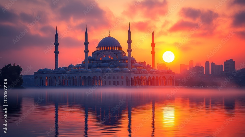 Fototapeta premium Sunrise Mosque Lake Cityscape Reflection