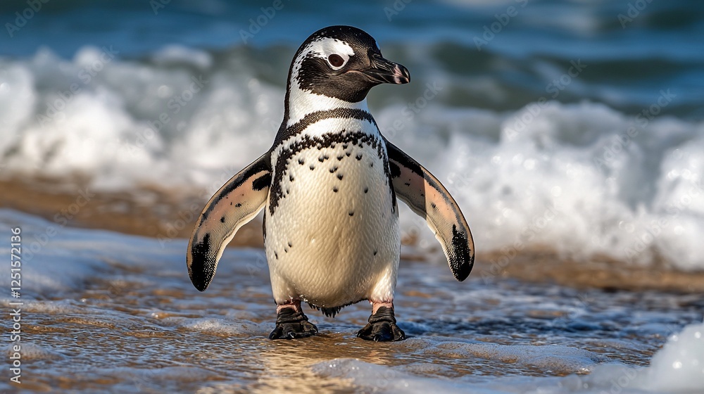 Obraz premium Penguin standing on shore as waves crash in a bright, sunny scene. Stock photo