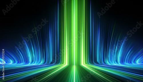 abstract black background with green blue neon lines go up and disappear 3d illustration