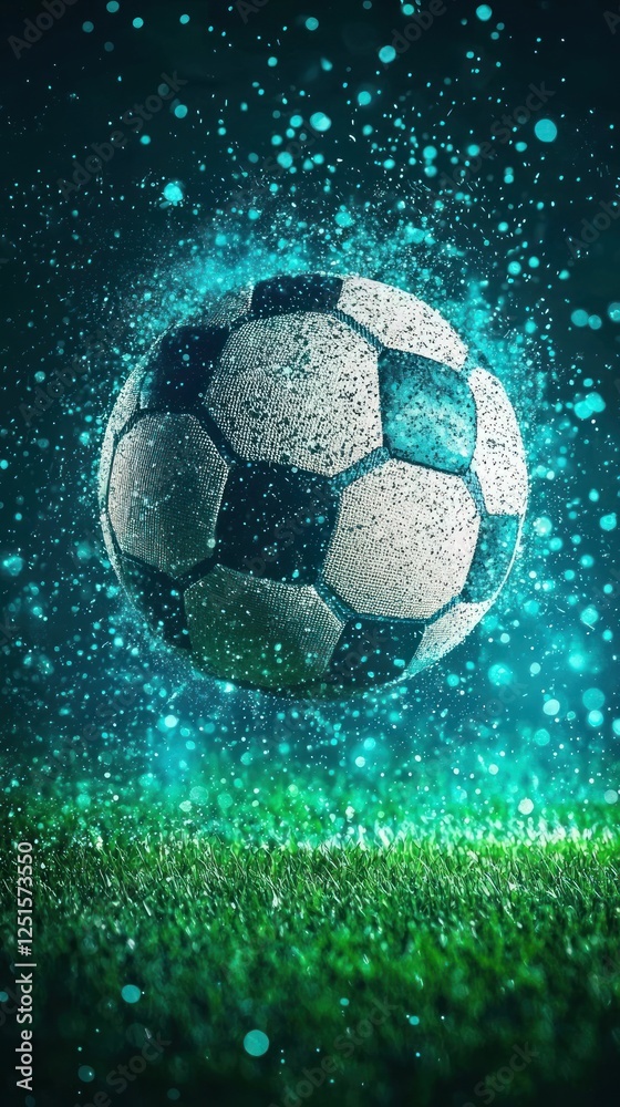 Fototapeta premium Soccer ball in the air, night, glowing field. Possible use sports background