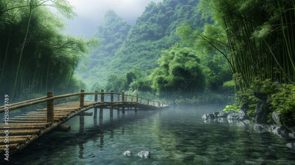 An ancient bamboo bridge spans a small mountain st_004 An ancient bamboo bridge spans a small mountain st_004