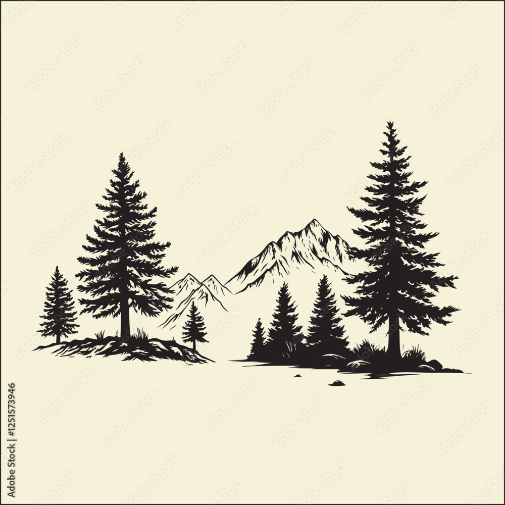 Naklejka premium Pine Tree Silhouette, Mountain Nature Icon