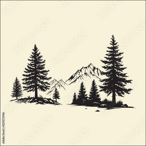 Pine Tree Silhouette, Mountain Nature Icon
