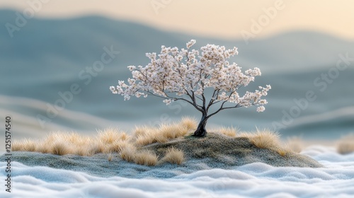 Solitary flowering tree on sand dune at dawn, tranquil mountain backdrop photo