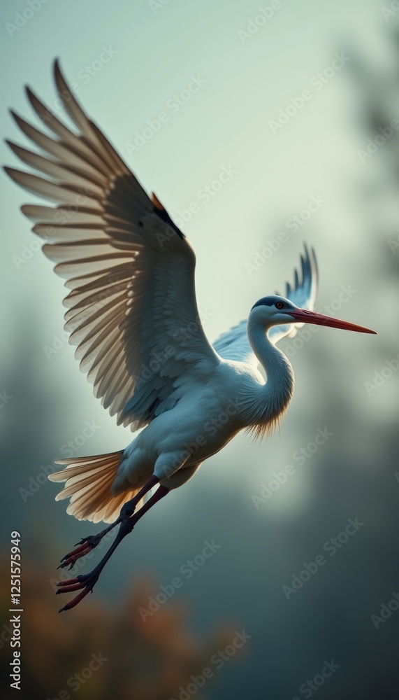 Fototapeta premium A majestic white heron in flight, showcasing elegance and grace against a serene background. Perfect for nature, wildlife, or environmental themes.